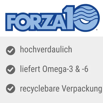 FORZA10, hochverdaulich, liefert Omega-3 & -6, recyclebare Verpackung. Tekst på tysk.