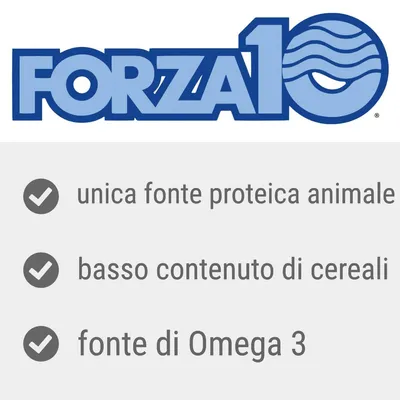 FORZA10, unica fonte proteica animale, basso contenuto di cereali, fonte di Omega 3