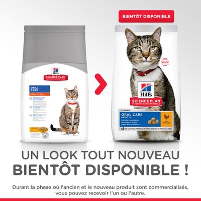 Deux sacs de croquettes pour chat Hill’s Science Plan Oral Care Adult au poulet, ancien et nouveau design, texte : « Bientôt disponible ! Un look tout nouveau bientôt disponible ! »
