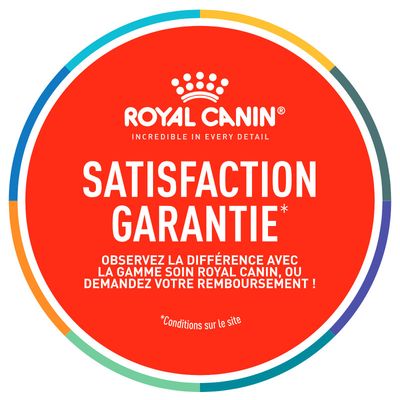 Royal Canin SATISFACTION GARANTIE. Observez la différence avec la gamme soin Royal Canin, ou demandez votre remboursement ! *Conditions sur le site. Texte en français.