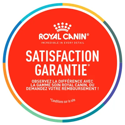 Royal Canin SATISFACTION GARANTIE. Observez la différence avec la gamme soin Royal Canin, ou demandez votre remboursement ! *Conditions sur le site. Texte en français.