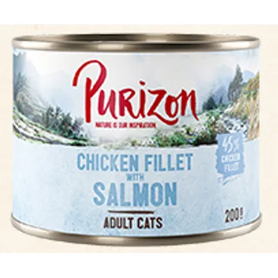 Purizon mokra hrana za odrasle mačke, piščančji file z lososom, 45% piščančjega fileja, 200g konzerva. Purizon mokra hrana za odrasle mačke, piščančji file z lososom, 45% piščančjega fileja, 200g konzerva.