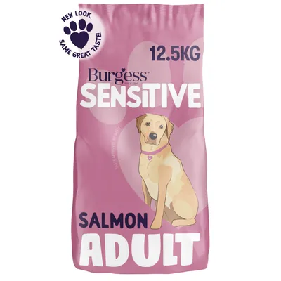 12.5kg bag labelled Sensitive Salmon Adult, new look same great taste, with illustration of a dog. Product name and key features visible on packaging.