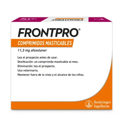Frontpro comprimidos masticables, 11,3 mg de afoxolaner. Dosis: un comprimido masticable al mes. Lea las instrucciones de uso. Uso veterinario. Mantener fuera del alcance de los niños.