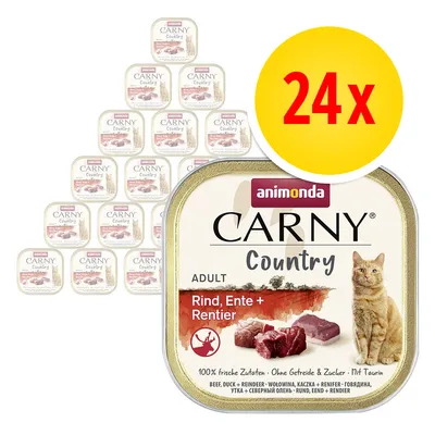 24 vaschette Animonda Carny Country Adult Rind, Ente + Rentier. Testo visibile: 100% frische Zutaten, Ohne Getreide & Zucker, Mit Taurin. Immagine di un gatto e carne.