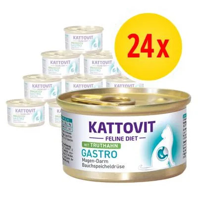 Kattovit Feline Diet Gastro med kalkon, 24 burkar. Text på burk: Magen-Darm Bauchspeicheldrüse. Bild på katt och medicinsymbol.