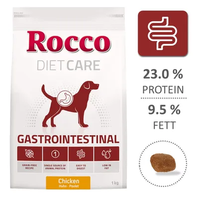 Rocco Diet Care Gastrointestinal Hundefutter mit Huhn, getreidefrei, leicht verdaulich, fettarm. Analyse: 23% Protein, 9,5% Fett. Abbildung einer Krokette. Rocco Diet Care Gastrointestinal Hundefutter mit Huhn, getreidefrei, leicht verdaulich, fettarm. Analyse: 23% Protein, 9,5% Fett. Abbildung einer Krokette.
