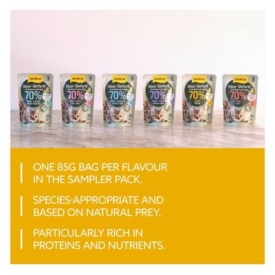 GimCat Near Nature trial mix for adult cats, 6x85g. Varieties: chicken, beef, beef+duck, chicken+pheasant, chicken+duck, chicken+trout. Species-appropriate, Made in Germany.