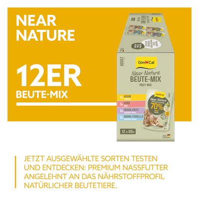 GimCat Near Nature Beute-Mix für Erwachsene Katzen, 12x85g. Sorten: 3x Huhn, 3x Rind, 3x Huhn-Ente, 3x Huhn-Forelle. 70% Huhn, Made in Germany, artgerecht & beutenah, reich an Protein.