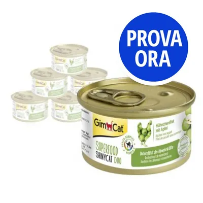 GimCat Superfood ShinyCat Duo, confezione di lattine visibili con etichetta 'Hühnerfilet mit Apfel'. Cerchio blu con testo: PROVA ORA.