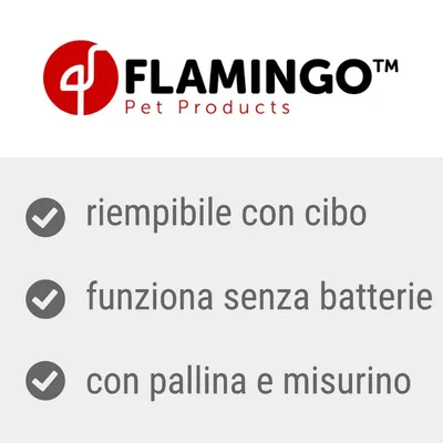 FLAMINGO Pet Products. riempibile con cibo, funziona senza batterie, con pallina e misurino.