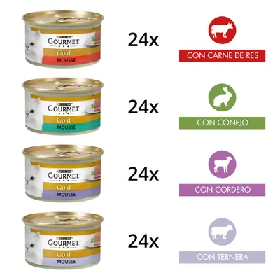 Pack de 24 latas Purina Gourmet Gold Mousse con carne de res, 24 con conejo, 24 con cordero y 24 con ternera. Texto visible: 'CON CARNE DE RES', 'CON CONEJO', 'CON CORDERO', 'CON TERNERA'.