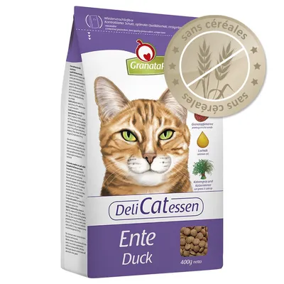 GranataPet DeliCatessen Ente Duck, croquettes pour chat, 400g, sans céréales. Ingrédients visibles : graines de grenade, huile de saumon, herbe à chat. Texte en allemand et anglais.