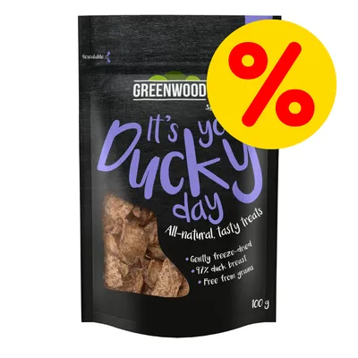 GREENWOOD'S It's your Ducky day, 97% duck breast, 100 g. Gently freeze-dried, sin cereales. Bolsa con ventana y símbolo de porcentaje en círculo amarillo.