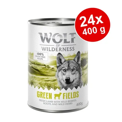 Wolf of Wilderness Green Fields, 100% bezobilninová receptúra, čerstvé jahňacie s lesnými plodmi, koreňmi a divokými bylinami, 24x400g.