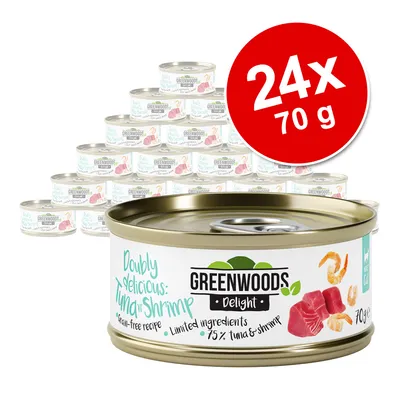 Lot de 24 boîtes Greenwoods Delight Doubly Delicious: Tuna & Shrimp, 70 g chacune. Texte visible : recette sans céréales, ingrédients limités, 75 % thon et crevettes.