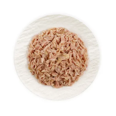 Close-up of shredded meat on a white plate, showing the product’s texture and colour.