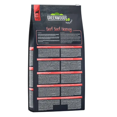 Greenwoods Adult Dog Trockenfutter, Sorte Beef Beef Hooray. Verpackung mit Inhaltsangaben und Fütterungsempfehlungen sichtbar.