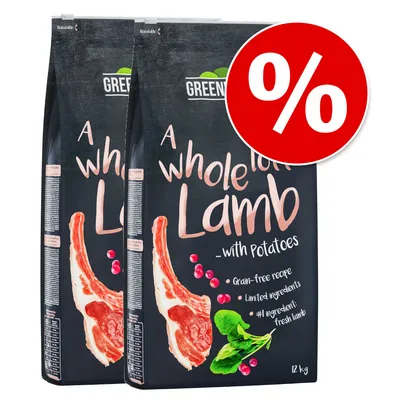 Greenwoods Trockenfutter 'A whole lot of Lamb with Potatoes', getreidefrei, frisches Lamm als Hauptzutat, begrenzte Zutaten, 12 kg. Rabatt-Symbol mit rotem Kreis und Prozentzeichen.