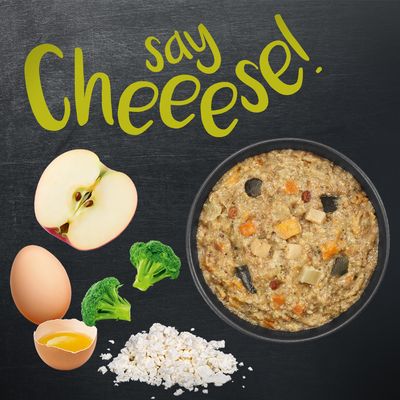 Bol de nourriture avec morceaux, entouré d'une pomme coupée, œuf entier et cassé, brocolis, flocons blancs. Texte anglais : say cheeese!