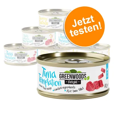 Boîtes Greenwoods Delight, variétés visibles : Tuna Temptation 75 % filet de thon, Charming Chicken, Baby Delicious Shrimps. Pastille orange avec texte allemand : Jetzt testen!