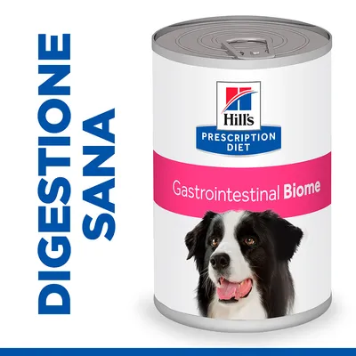 Hill's Prescription Diet Gastrointestinal Biome, lattina con immagine di cane e testo visibile: DIGESTIONE SANA.