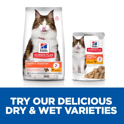 Hill's Science Plan Perfect Digestion Adult macskaeledel száraz és nedves változatban, csomagoláson macskakép. Felirat: TRY OUR DELICIOUS DRY & WET VARIETIES (angolul).