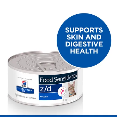 Hill's Prescription Diet Food Sensitivities z/d Original kattemad dåse. Tekst: Supports skin and digestive health.