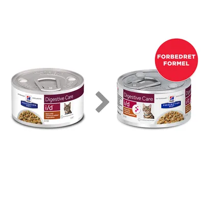 Hill's Prescription Diet Digestive Care i/d kattemad dåse, før og efter designændring. Rød cirkel med teksten 'FORBEDRET FORMEL' på den nye dåse.