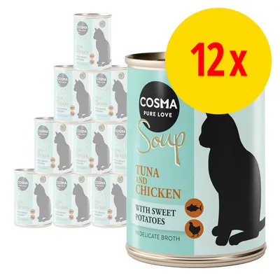 12x Cosma Pure Love Soup Tuna and Chicken with Sweet Potatoes in Delicate Broth dåser med kattemotiv. Synlig tekst: 'COSMA PURE LOVE Soup TUNA AND CHICKEN WITH SWEET POTATOES IN DELICATE BROTH'.