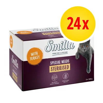 Smilla Special Needs Sterilised with Turkey, lot de 24 x 100 g. Texte visible : balanced energy content, grain-free recipe. Image d’un chat gris sur l’emballage.