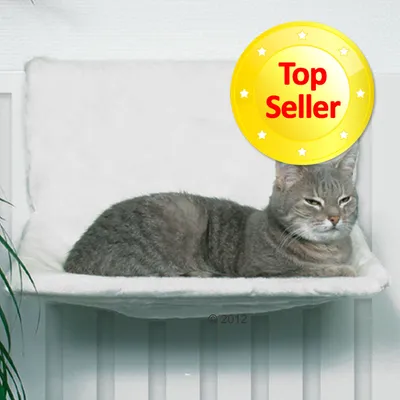 Chat gris allongé sur un coussin blanc fixé à un radiateur, badge jaune avec texte « Top Seller » en haut à droite.