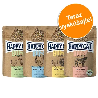 Happy Cat BIO Organic – balenie štyroch kapsičiek pre mačky: kačka, kurča, moriak, hovädzie. Oranžový kruh s textom: Teraz vyskúšajte! Viditeľné logo BIO.