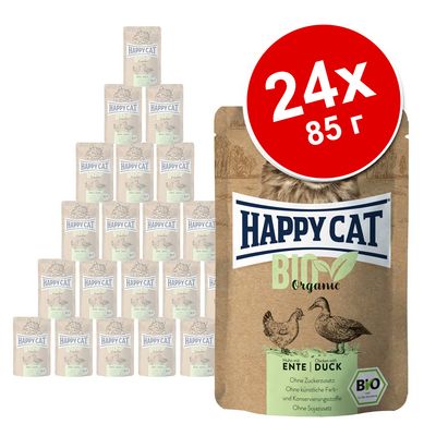 24 пауча по 85 г Happy Cat BIO Organic Ente/Duck. На упаковке изображены курица и утка, надписи: без сахара, без искусственных красителей и консервантов, без сои.