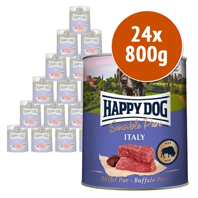 Confezione da 24 lattine Happy Dog Sensible Pure Italy, Büffel Pur Buffalo Pure, 800 g ciascuna. Etichetta con immagine di carne e bufalo, testo visibile: Happy Dog Sensible Pure Italy.