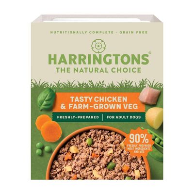 Harringtons Tasty Chicken & Farm-Grown Veg, grain free, nutritionally complete, freshly prepared for adult dogs, contains 90% freshly prepared meat ingredients and vegetables.