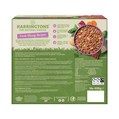 Harringtons Fresh Meaty Recipes packaging showing feeding guide, ingredients list, nutritional information, and product features such as grain free, added salmon oil, chicory extract, and seaweed.