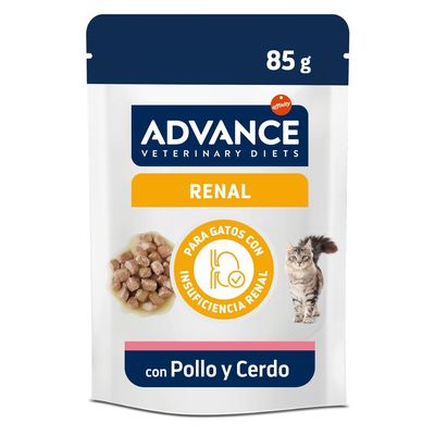 Advance Veterinary Diets Renal, comida húmeda para gatos con insuficiencia renal. Paquete de 12 sobres de 85g, sabor cerdo y pollo.