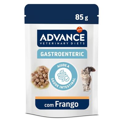 Advance Veterinary Diets Gastroenteric com frango, apoia a saúde intestinal, embalagem com 12 x 85g, peso total 1,020kg.