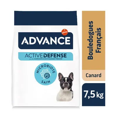 Advance Active Defense Bouledogues Français, canard, 7,5 kg. Texte visible : Microbiote sain, avec des ingrédients scientifiquement prouvés. Photo d’un bouledogue français.