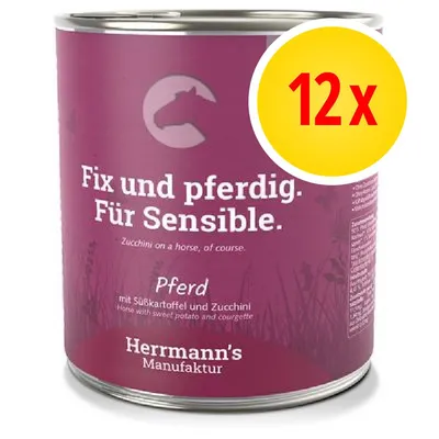 Confezione da 12x Herrmann's Manufaktur, testo visibile: Fix und pferdig. Für Sensible. Pferd mit Süßkartoffel und Zucchini. Testo in tedesco e inglese sulla confezione.