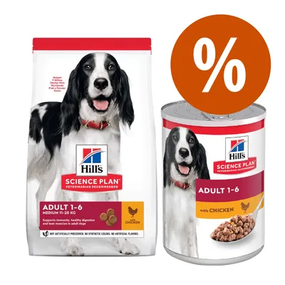 Hill's Science Plan Adult 1-6 Medium 11-25 kg con pollo, confezione di crocchette e lattina umido per cani adulti. Simbolo percentuale arancione in alto a destra.
