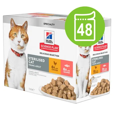 Hill's Science Plan Sterilised Cat Young Adult, selección deliciosa con 6x pollo y 6x salmón. Paquete de 48 sobres visibles en la caja.