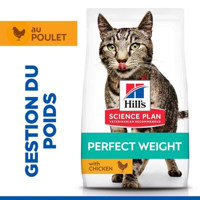 Sac Hill's Science Plan Perfect Weight Adult 1+ pour chats, avec poulet. Texte visible : « Clinically proven nutrition to reach & maintain healthy weight », sans conservateurs ni arômes artificiels.