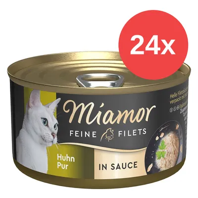 Lata de comida para gatos Miamor Feine Filets Huhn Pur In Sauce, pack de 24 unidades. Imagen muestra el envase con foto de gato y trozos de pollo en salsa.