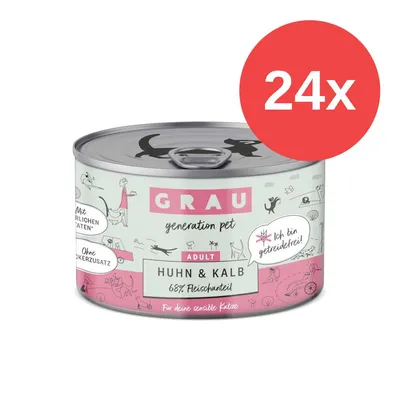 GRAU generation pet ADULT Huhn & Kalb 68% Fleischanteil, bez dodatku zbóż, zestaw 24 puszek. Widoczny tekst w języku niemieckim: Ich bin getreidefrei!