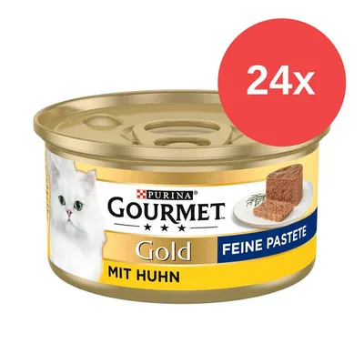 Purina Gourmet Gold Feine Pastete mit Huhn, 24x. Puszka z wizerunkiem białego kota i kawałkiem pasztetu na talerzu. Widoczny napis: MIT HUHN.
