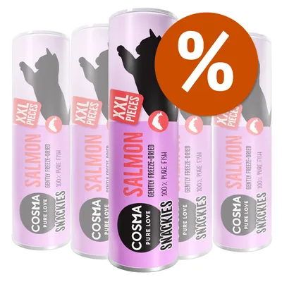 Cosma Snackies Pure Love Salmon XXL Pieces, gently freeze-dried, 100% pure fish. Immagine multipack con simbolo percentuale per offerta.