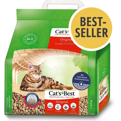 Envase de arena para gatos Cat's Best Original, 100% vegetal, con texto 'BEST-SELLER' y símbolos de absorción, control de olores y ahorro. Peso visible: 21,1 kg. Envase de arena para gatos Cat's Best Original, 100% vegetal, con texto 'BEST-SELLER' y símbolos de absorción, control de olores y ahorro. Peso visible: 21,1 kg.