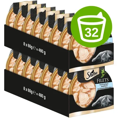 Sheba Filets macskaeledel, 2 csomag, mindegyik 8×60 g = 480 g. Összesen 32 adag látható a képen. Sheba Filets macskaeledel, 2 csomag, mindegyik 8×60 g = 480 g. Összesen 32 adag látható a képen.